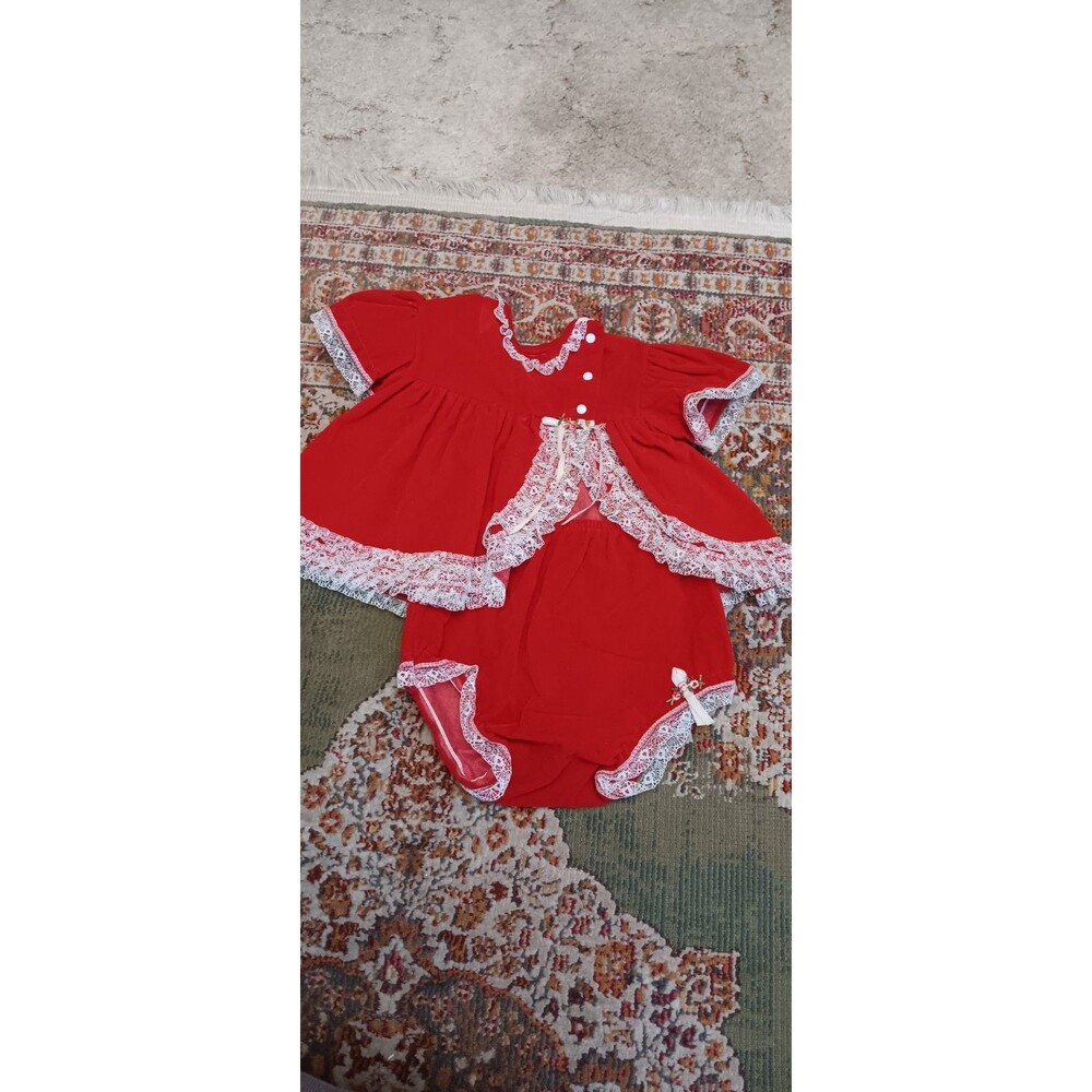 Vintage 60s Red Velvet Lace Dress with Underpants Size 3-6 month Baby girl